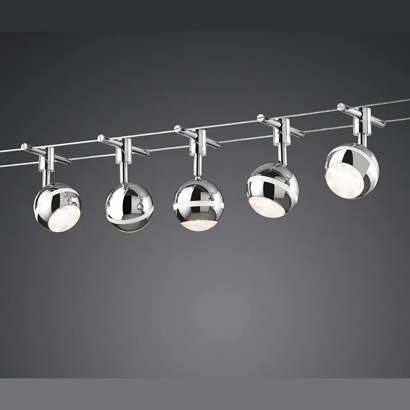 Markenware LED Seilsystem, 5 kugelförmige Strahler, Chrom, 5 Meter Länge