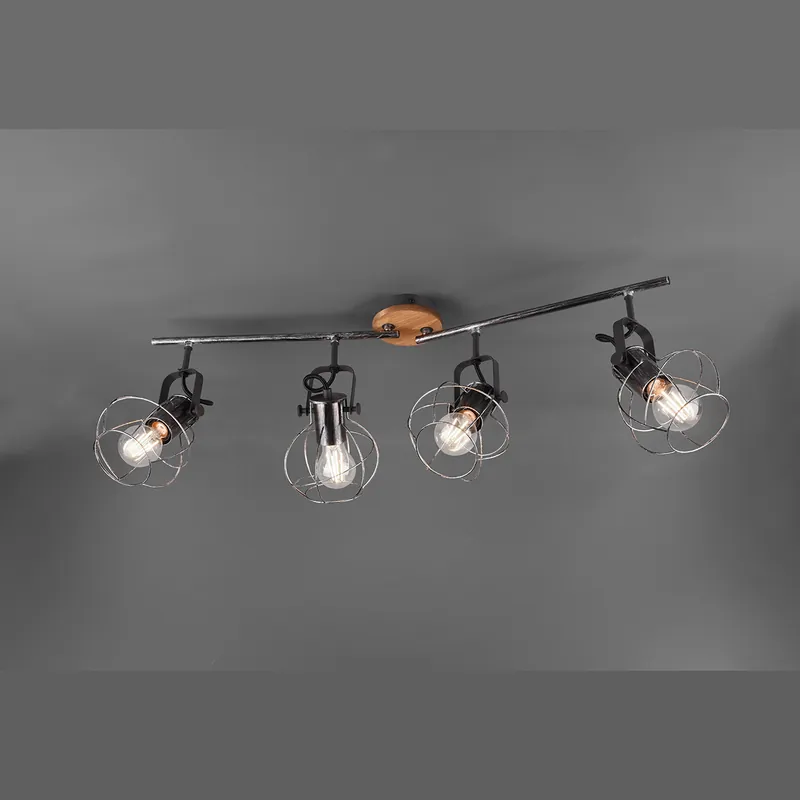 Deckenleuchte, Vintage, Silber, Naturholz, 4 Strahler, Verstellbar, 80 cm x 28 cm Sale