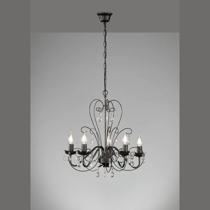 Jetzt Bestellen Kronleuchter, 5 Flammen, Geschwungen, Schwarz, Glasbehang, 54 cm Ø