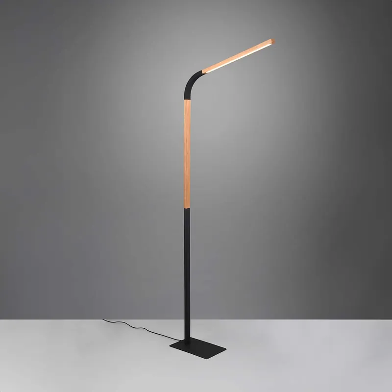 Neu Im Sortiment LED Stehleuchte, Flexhals, Schwarz, Holz, Braun, Fußschalter, Switch Dimmer, 169 cm Höhe