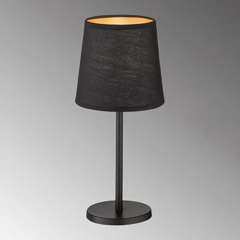 Tischleuchte, Schwarz, Gold, Stoffschirm, Schnurschalter, 30 cm Höhe Zertifiziert