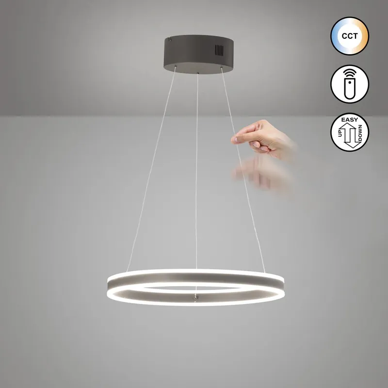 Expressversand LED Pendelleuchte, Grau, Höhe verstellbar, Dimmbar, CCT, Fernbedienung, 50 cm Ø