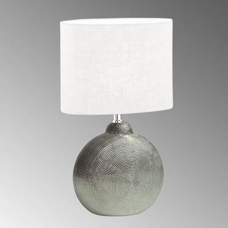 Direktkauf Tischleuchte, Bettleuchte, Stoffschirm, Keramik, Silber, Weiß, 39 cm Höhe