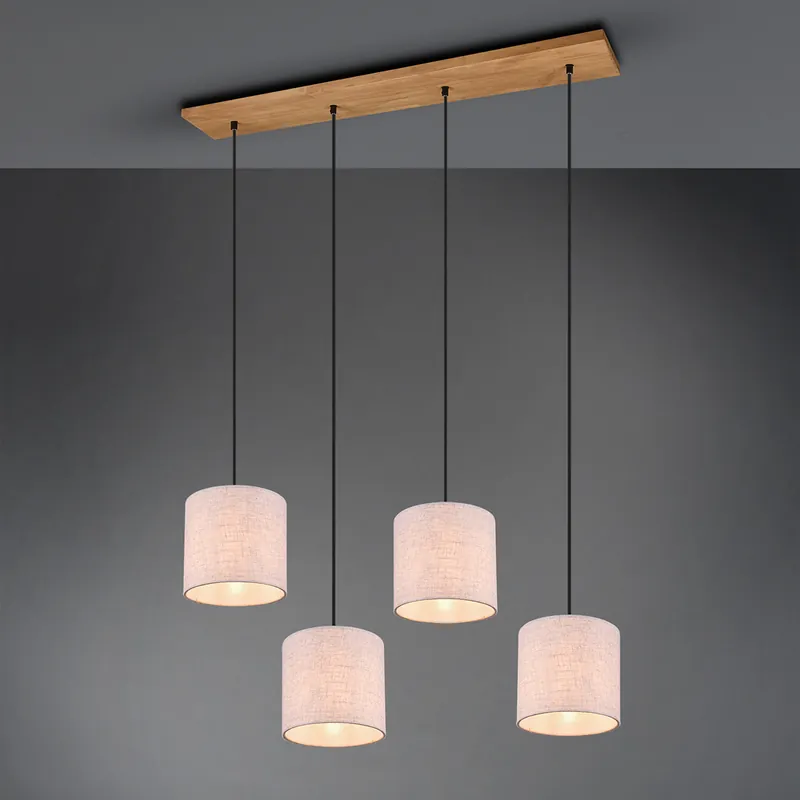 Pendelleuchte, 4 Strahler, Stoffschirme, Holzelement, 100 cm x 20 cm Saisonangebot