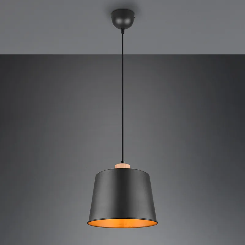 Top-Seller Pendelleuchte, Schwarz, Holz, Gold, Höhe anpassbar, 26 cm Ø