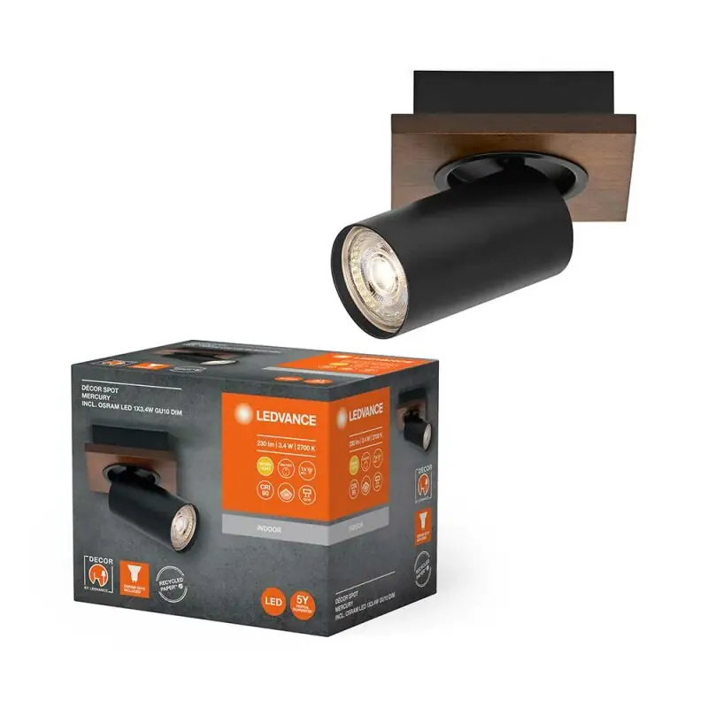 Günstig Ledvance LED Deckenleuchte Wandlampe Mercury Holz Schwarz 3,4W GU10 230lm Warmweiß 2700K Ra>90 Dimmbar Schalter